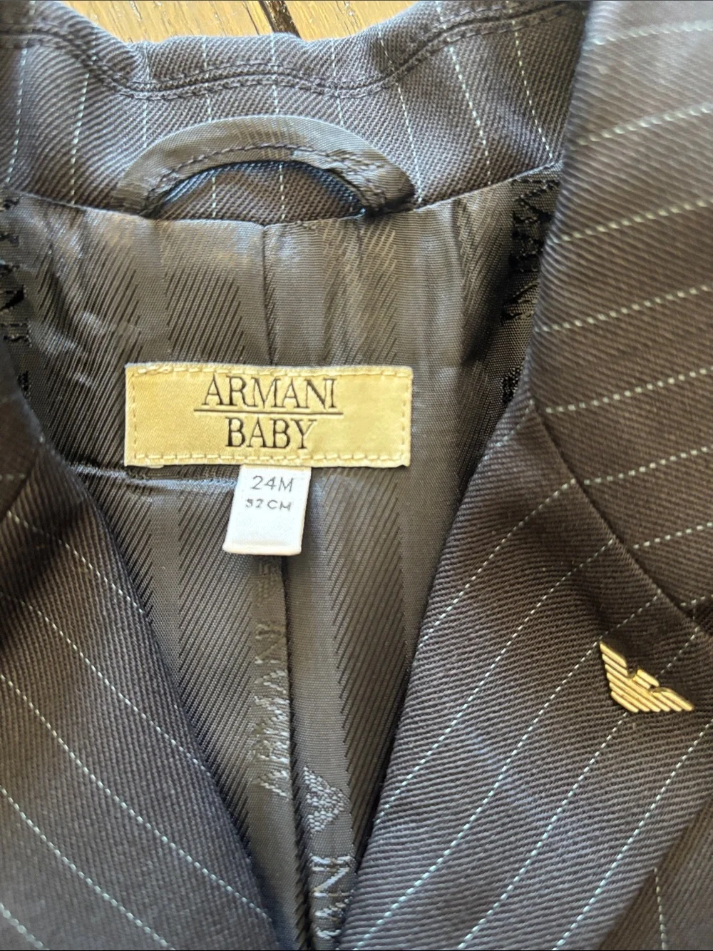 Giorgio Armani Baby Brown Pinstripe Blazer with Gold Emblem